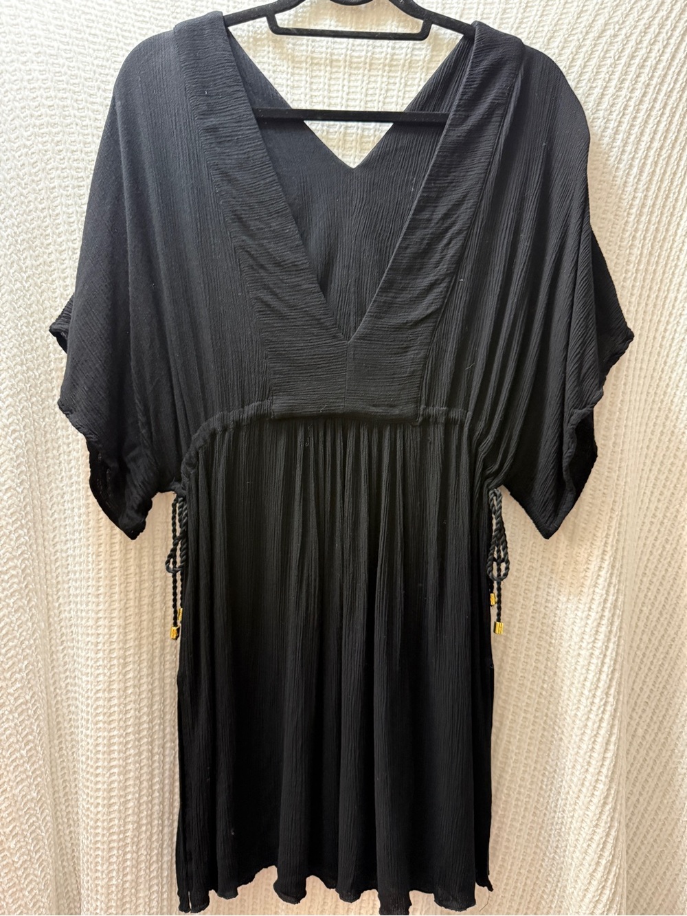 Lauren Ralph Lauren Black Crinkle Gauze Kaftan Tunic Swim Cover Up Boho Tassel M - Picture 3 of 10